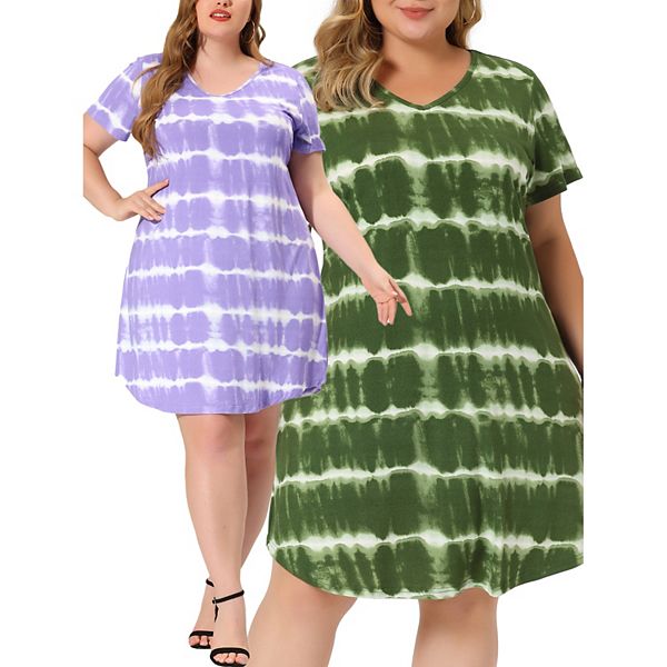 

Женская плюс сайз v-образный вырез короткий рукав тай-дай миди туника-платье Agnes Orinda, Light Purple Green