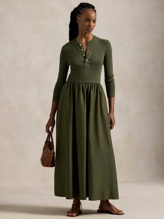 

Расклешенное макси-платье хенли с длинным рукавом Ralph Lauren, хаки