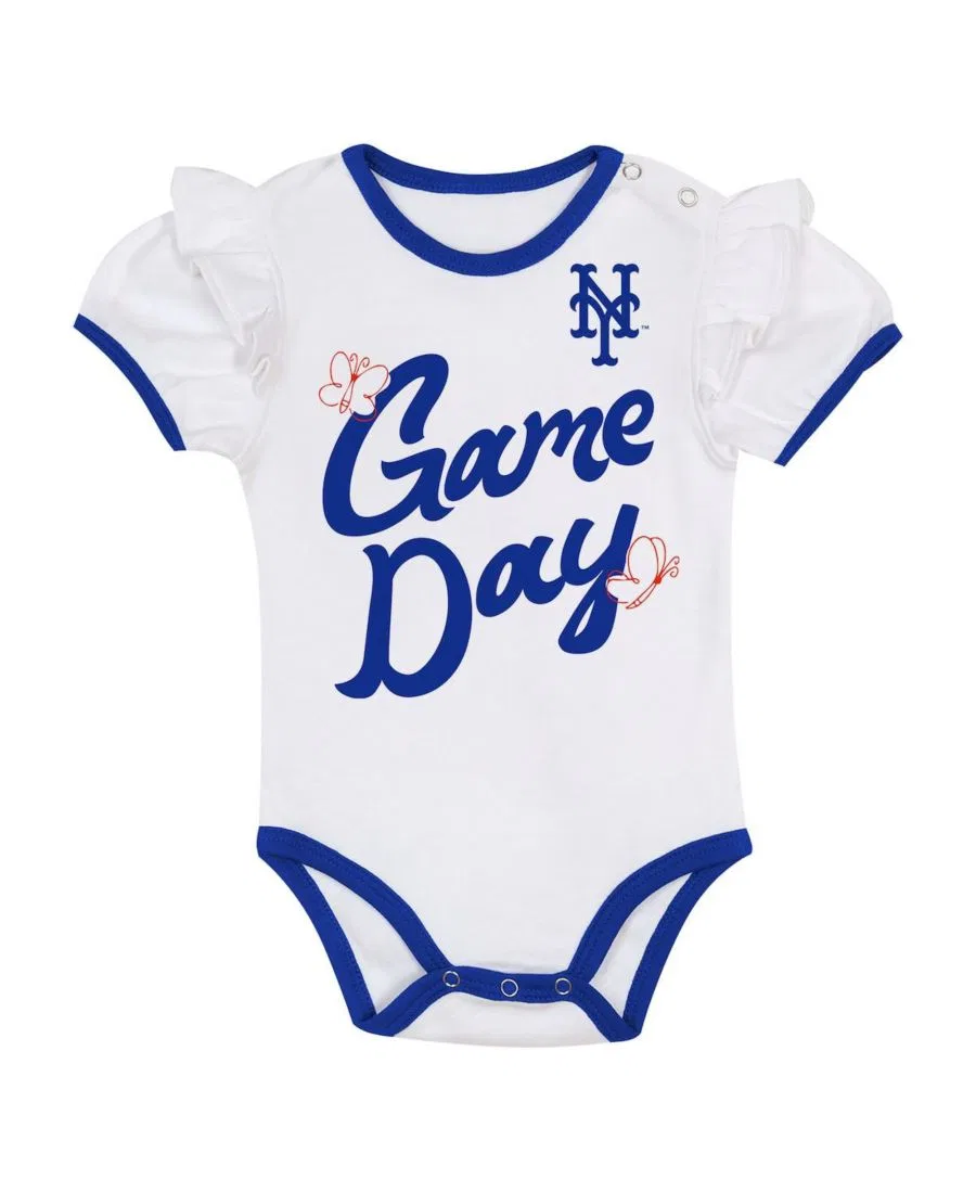 Комплект для малышки с боди, повязкой на голову и юбкой с принтом New York Mets Outerstuff, White Blue — фото 2