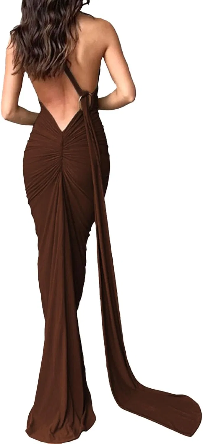 Женское облегающее макси-платье с открытой спиной Cocktail Dress, Coffee — фото 2