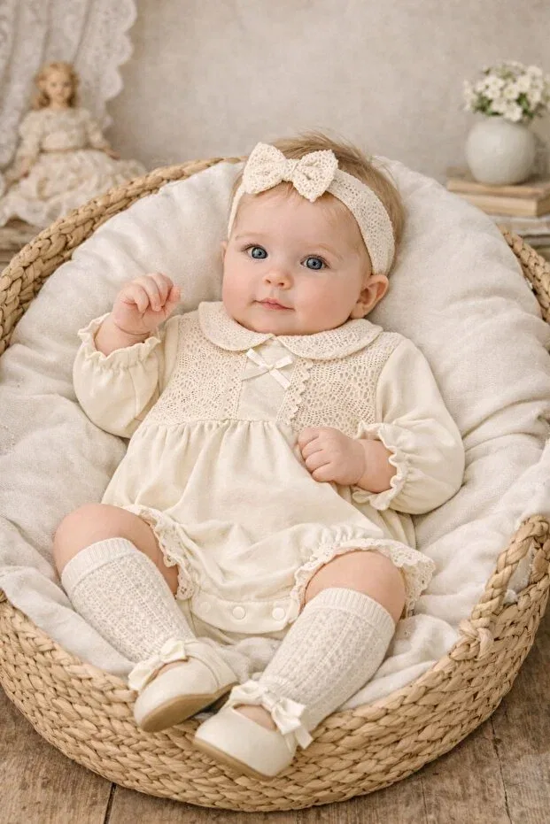 Детский комплект для девочек винтажный с кружевным воротником Minytrendy, Beige