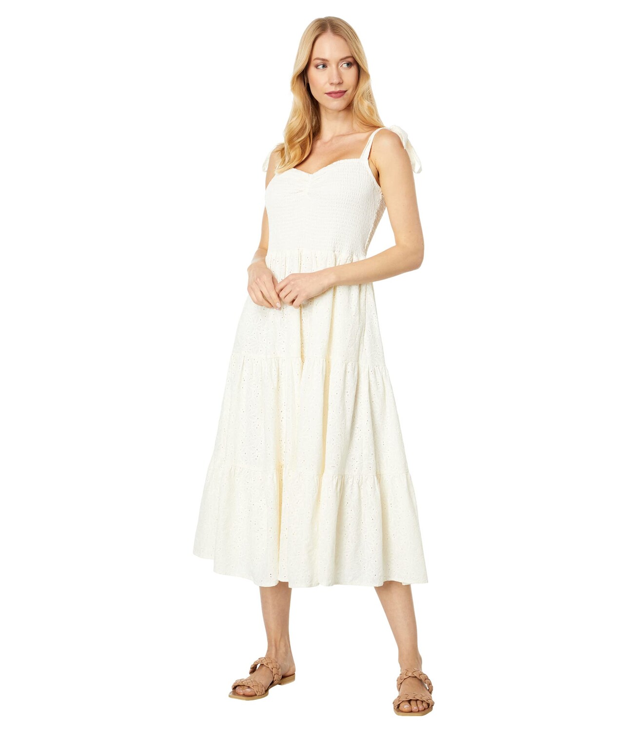 

Платье Madewell, Eyelet Lucie Tie-Strap Tiered Midi Dress