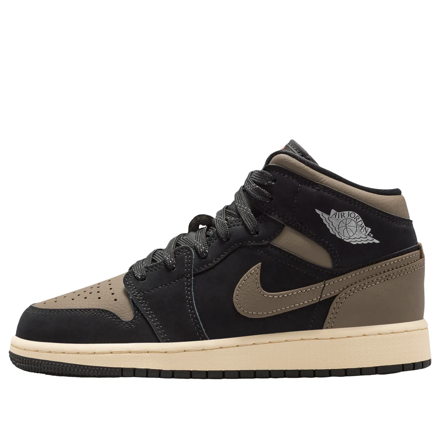 Детские кроссовки с синтетическим верхом Air Jordan 1 Mid SE 'Olive Grey' Jordan, Black/Light Wild Mango/Muslin/Olive Grey
