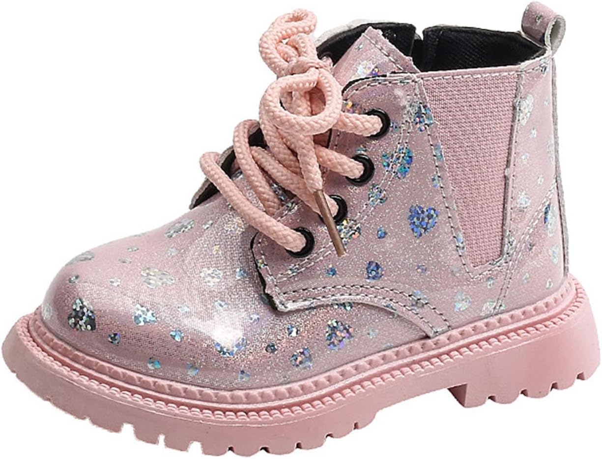 

Милые ботинки для маленьких девочек, ботинки с шнуровкой, боевые и для верховой езды, из искусственной кожи с боковой молнией и ребристой подошвой для малышей Zzalalana, Pink