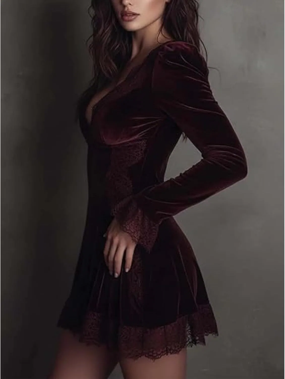 Женское платье с кружевом и воланами из велюра, Long Puff Sleeve Deep V Neck, Wine Red — фото 2