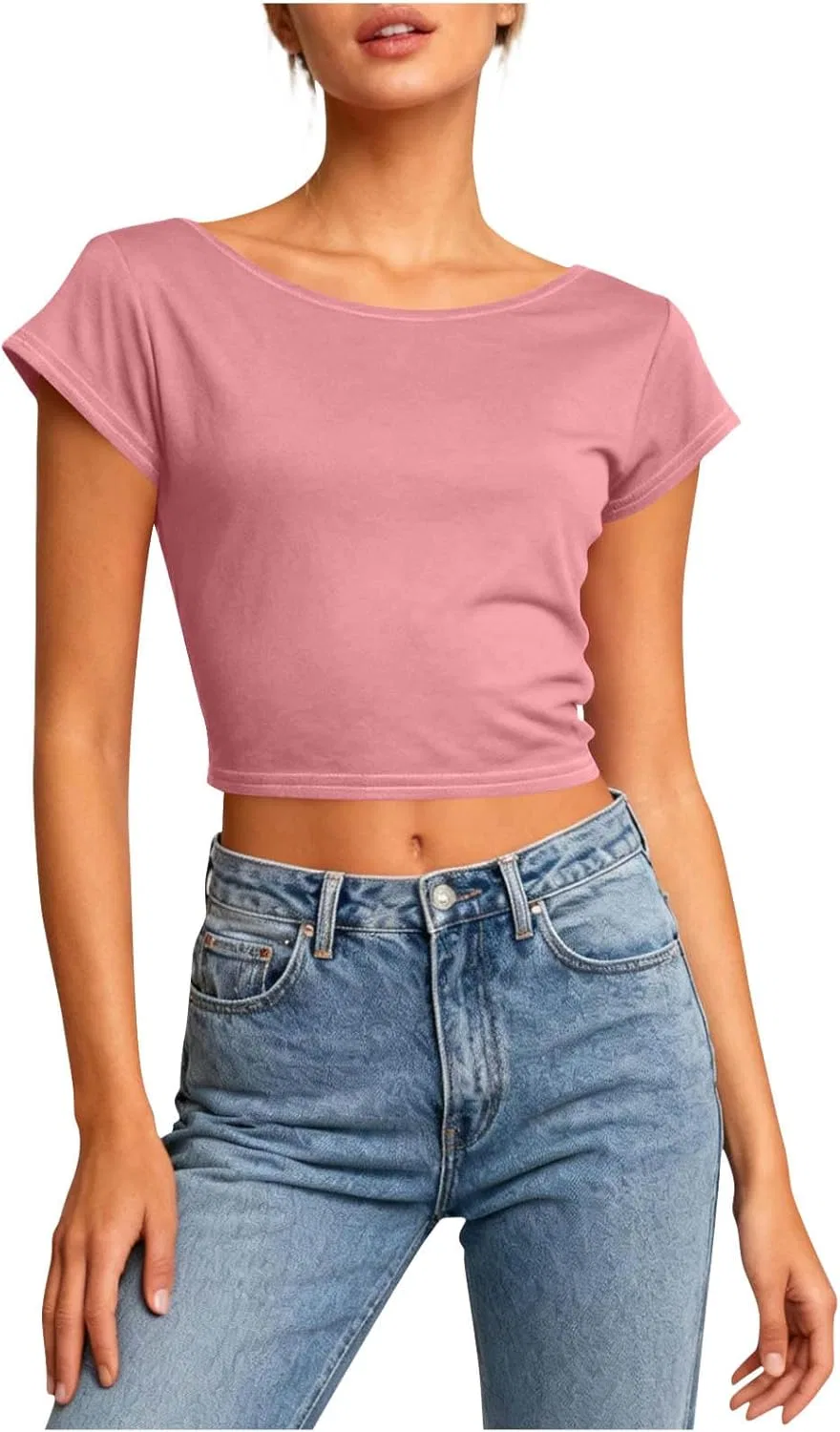 Женская хлопковая футболка-кроп топ с открытой спиной, Pink — фото 2