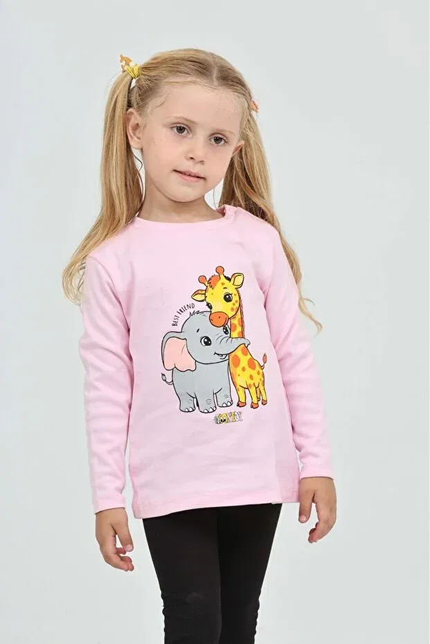 Детские свитшот для девочек с принтом Giraffe Elephant Printed Toontoy, Pink — фото 3