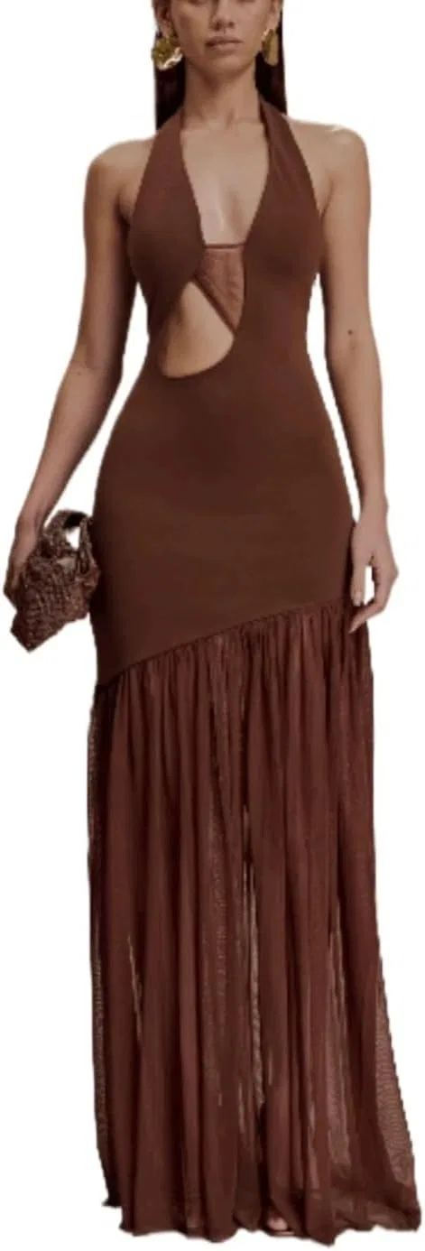 Женское платье с вставкой из сетки и плиссе, Sheath Silhouette, Dark Brown