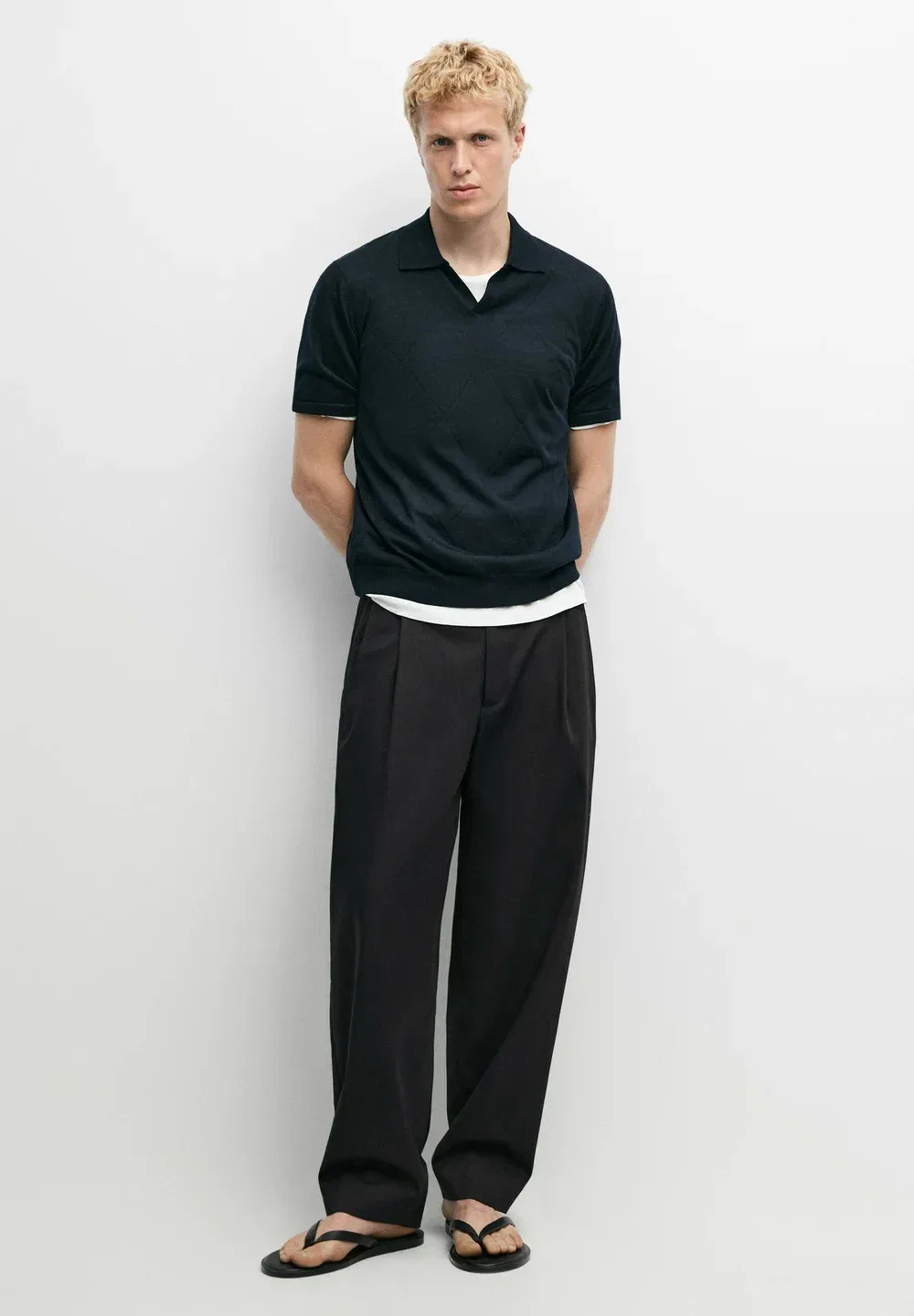 Вязаный поло-свитер с ромбовидным узором - рубашка поло Massimo Dutti, Dark Blue — фото 2