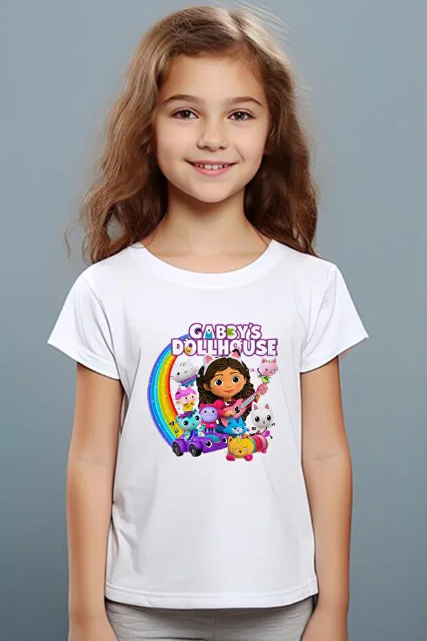 Детская футболка для девочек с принтом Gabby`s doll house pattern printed children's black and white tshirt Store, Белая