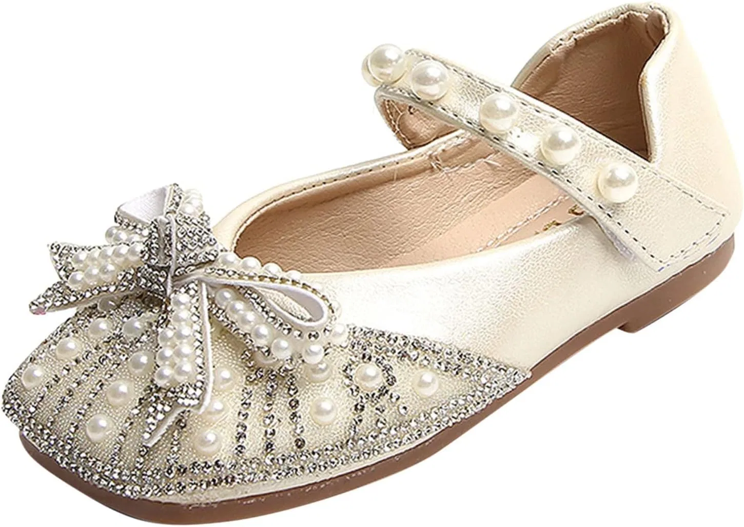 Детские туфли для девочек с бантом и стразами Fashion Autumn Girls Casual Shoes Shiny Pearl Rhinestone Bow Dress Shoes Dance Shoes Water Shoes Kids, Beige