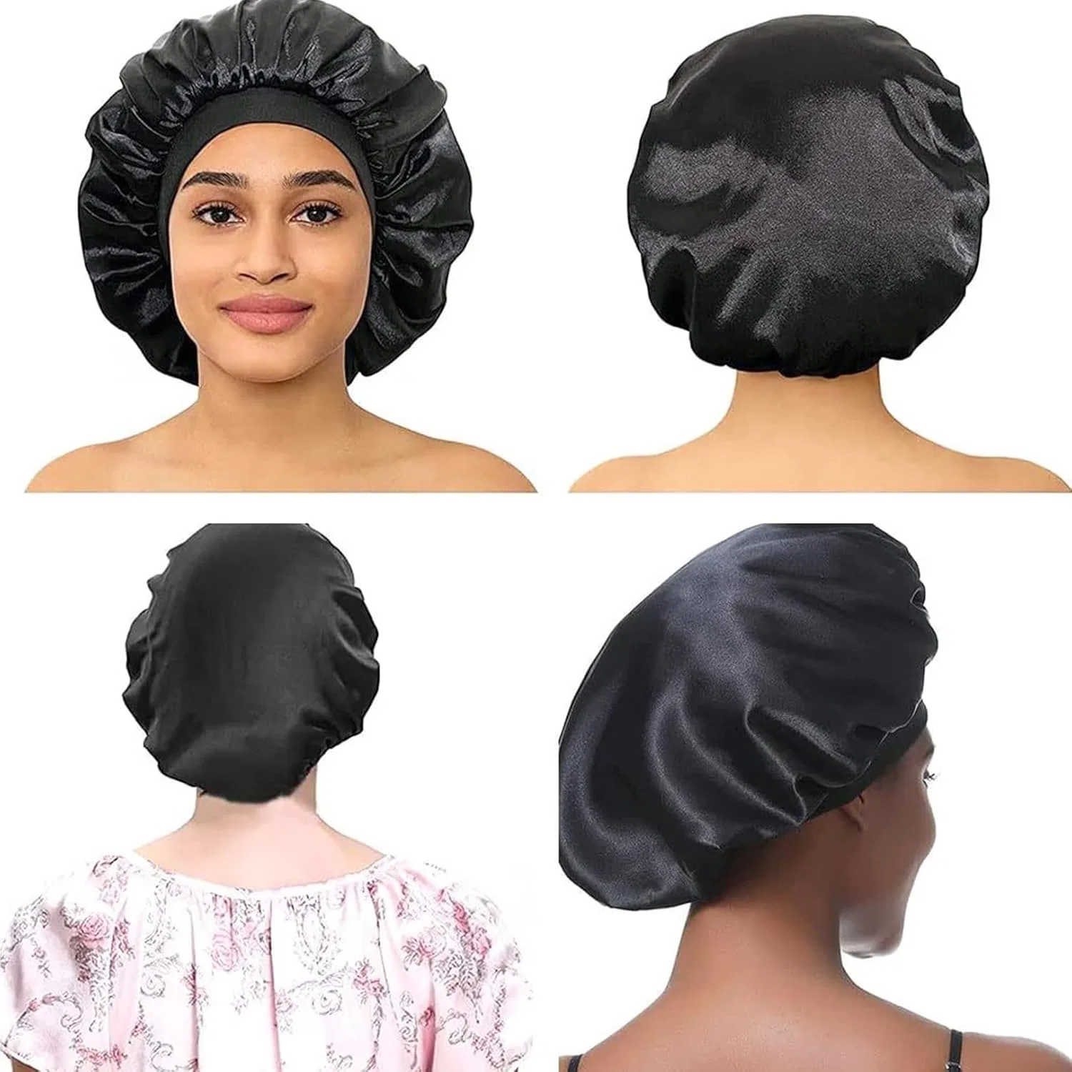 Шапочка для душаs Set, 2 Satin Шапочка для душаs + 2 Headbands, YCICHE, Black + Pink — фото 4