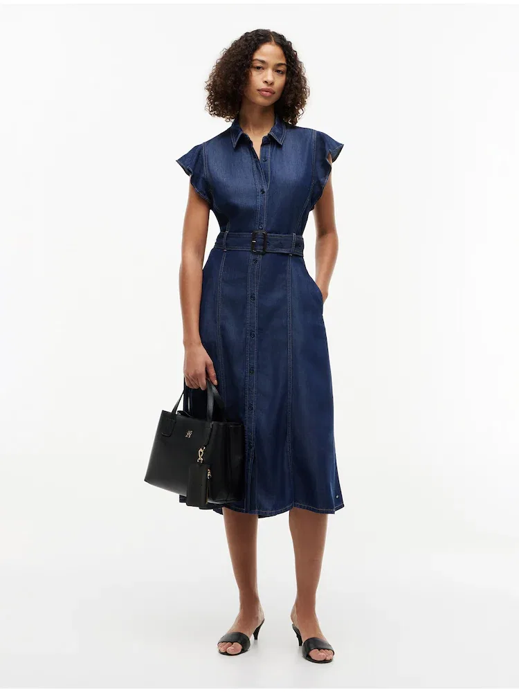 Платье миди с рюшами, Belted Midi Dress TOMMY HILFIGER, Blue