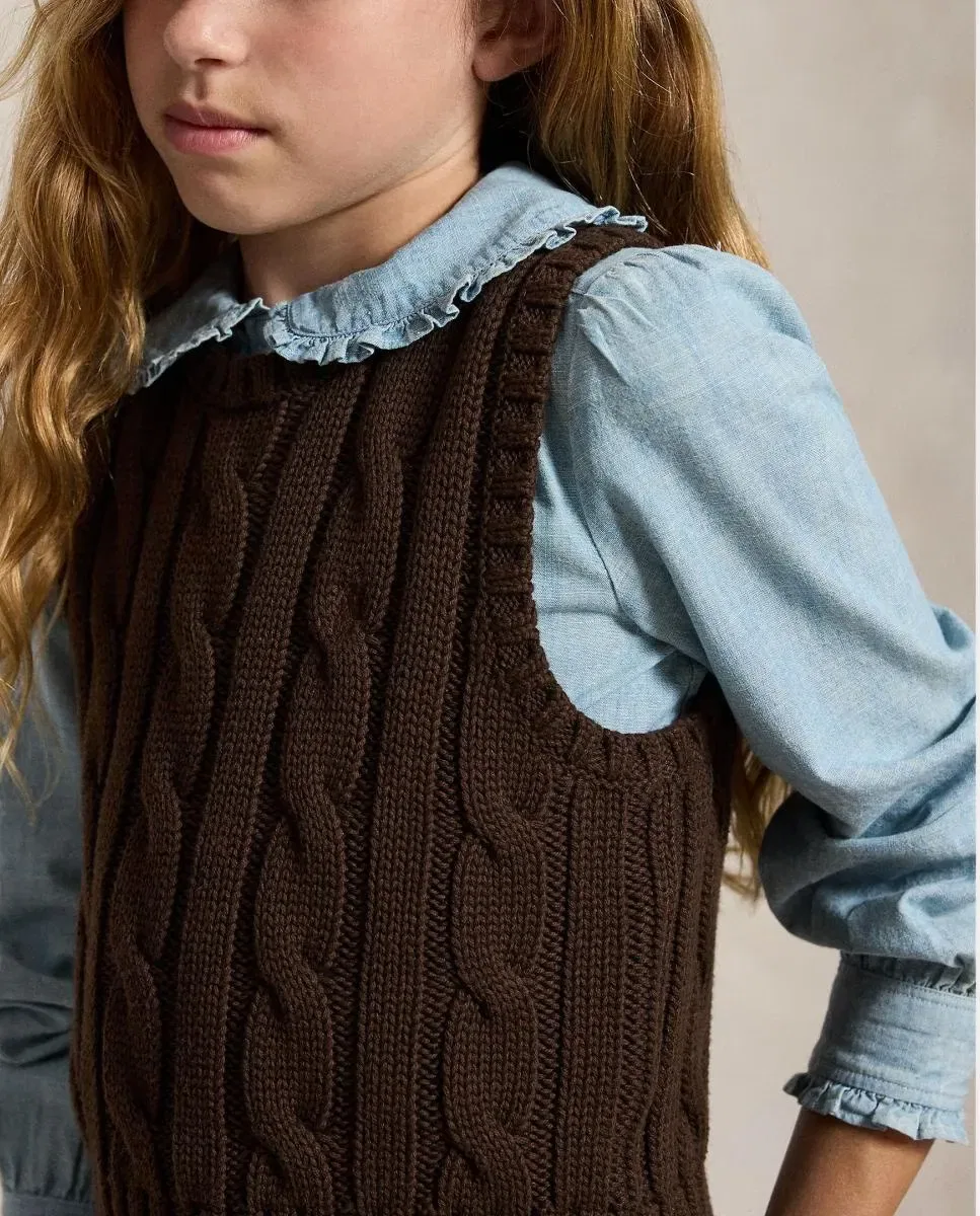 Детский вязаный жилет для девочек с широким арановым узором Polo Ralph Lauren, Marrón Oscuro — фото 3