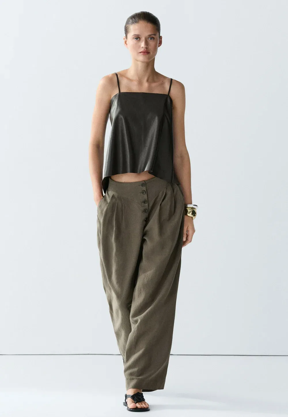 Складчатые брюки из смесовой льняной ткани Massimo Dutti, Mottled Brown — фото 2