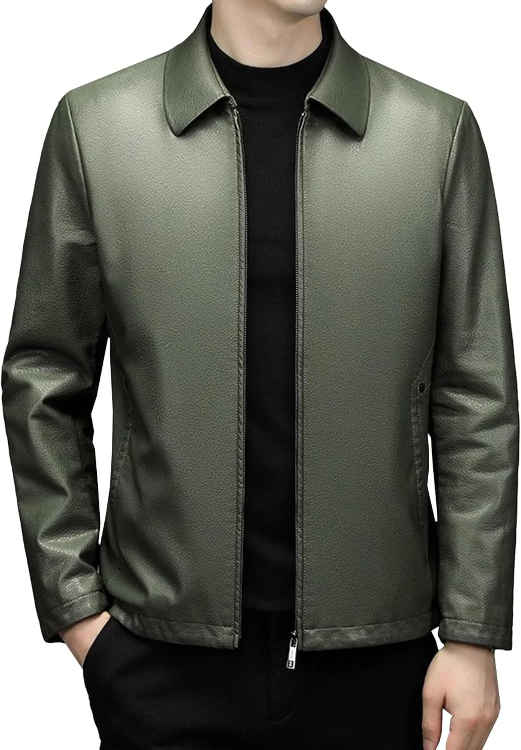 Мужское кожаное пальто с лацканами, модель Classic Lapel, зелёный