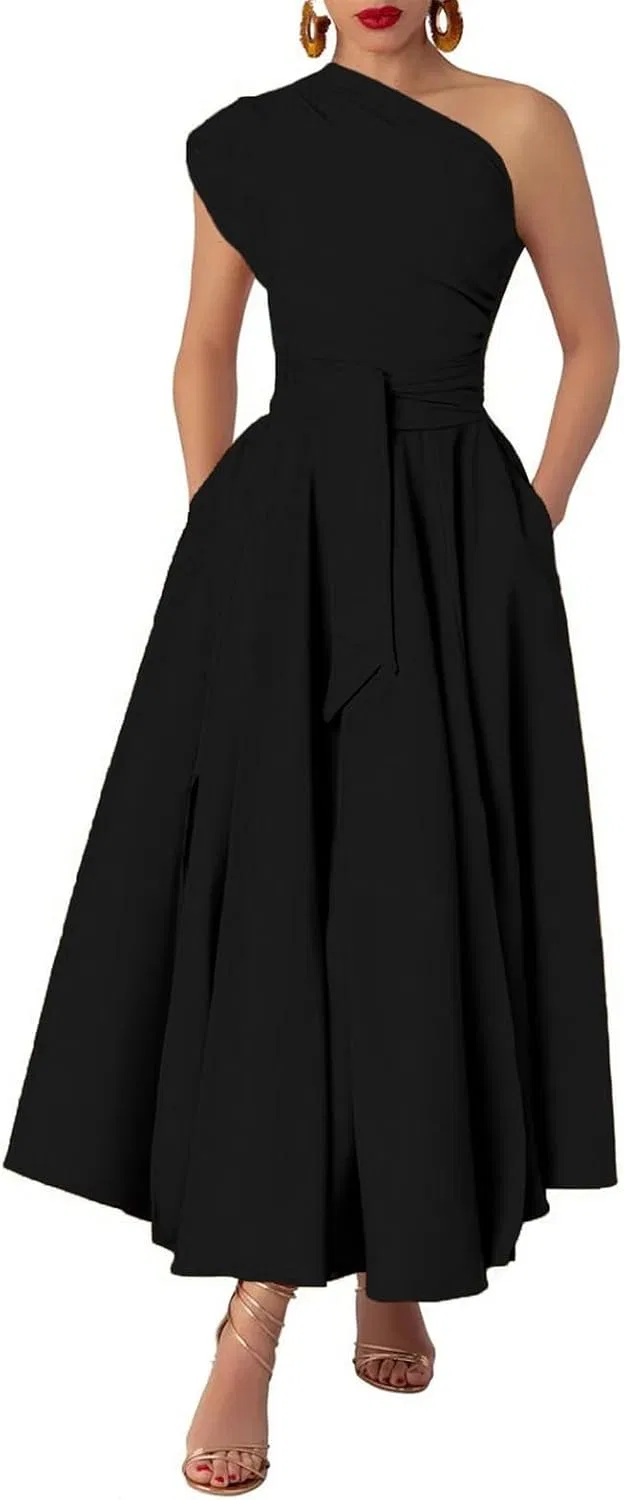 Женское асимметричное платье макси с одним рукавом, Black — фото 3