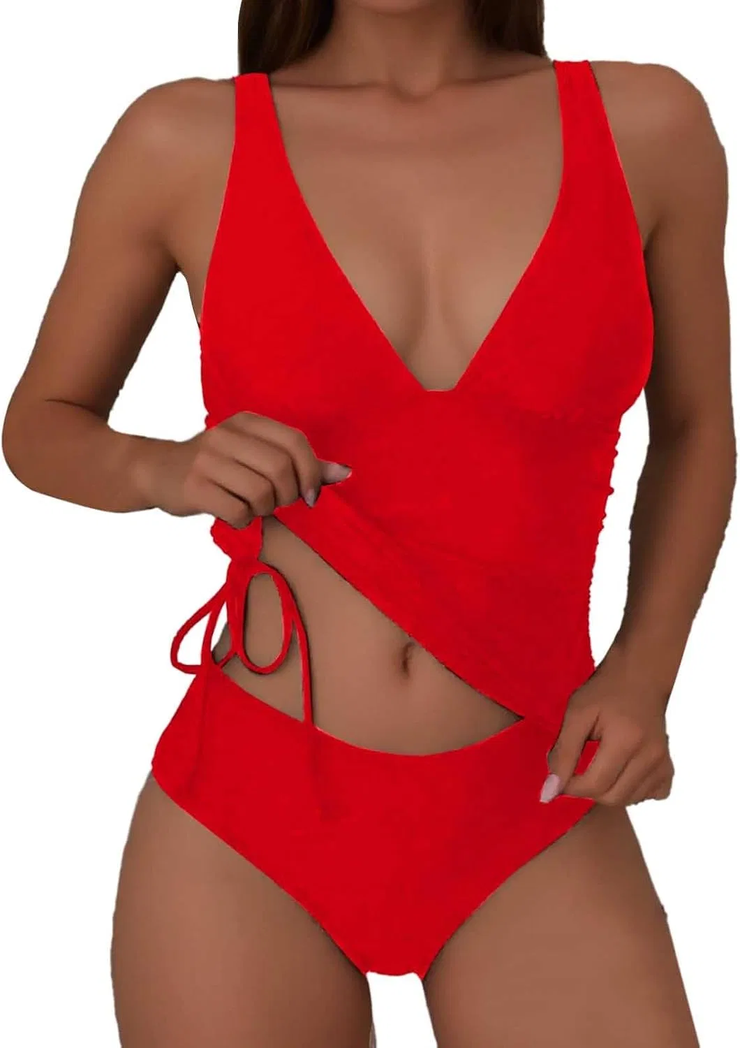 Женский купальный костюм с глубоким V-вырезом Tankini Set, Red