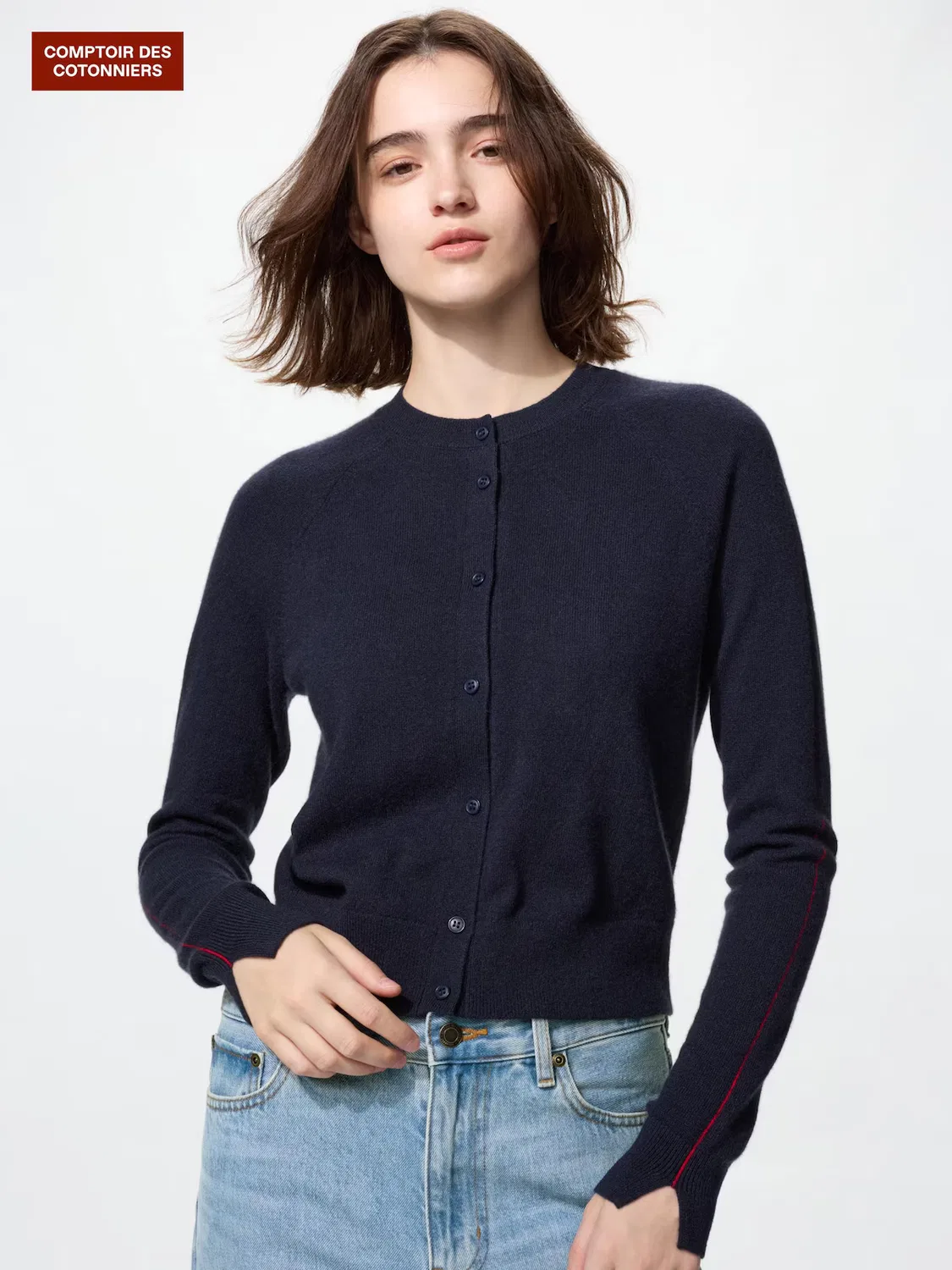 Кардиган Uniqlo, кашемировый, с круглым вырезом, темно-синий