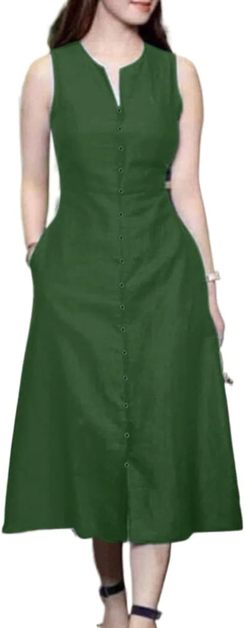 Женское повседневное миди-платье с V-образным вырезом и карманами, Dark Green