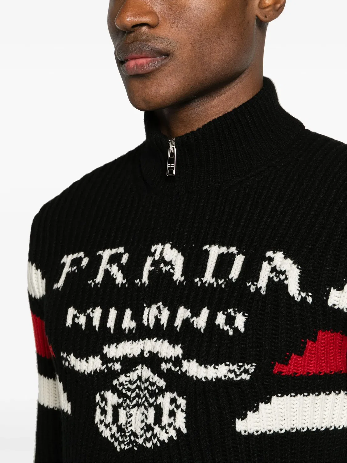 Кардиган из кашемира с жаккардовым логотипом Prada, черный/белый/красный — фото 2