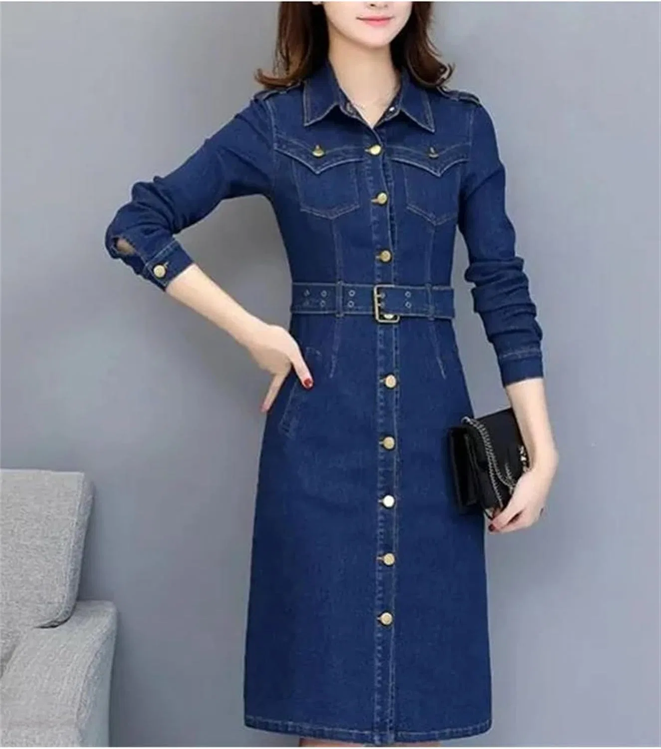 Женское джинсовое платье миди с поясом Casual, Blue — фото 3