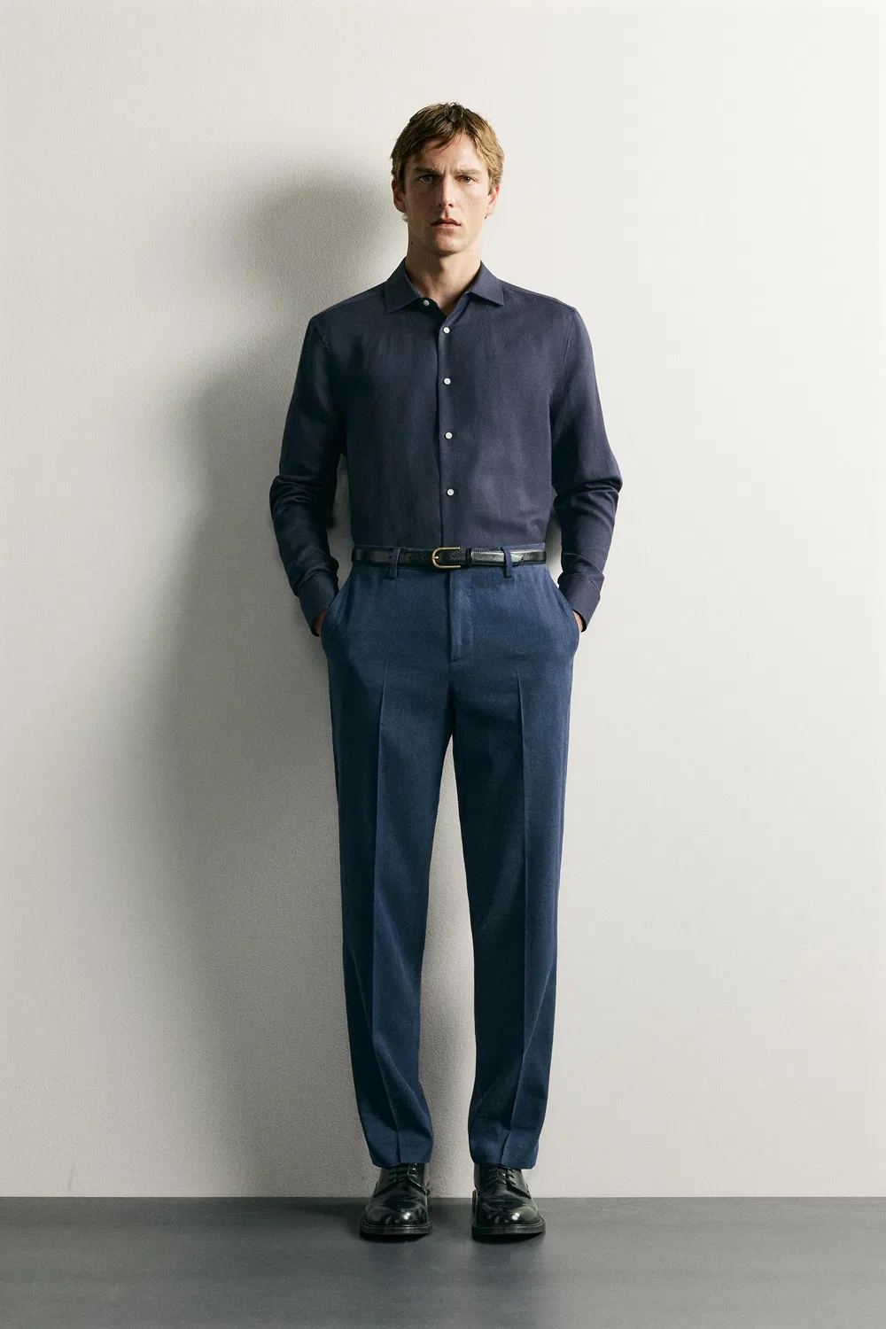 Рубашка из льна и лиоцелла, стандартного кроя. ZARA, Navy blue