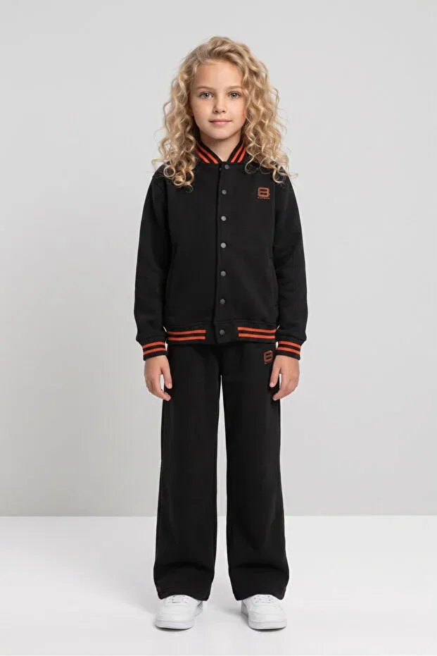 Детский комплект для девочек с воротником-бомбер College Collar Wide Leg Tracksuit Set Black One, Black — фото 4