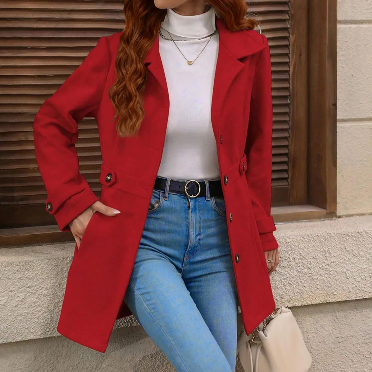 Женское зимнее пальто с карманами однобортное, Rosso — фото 3