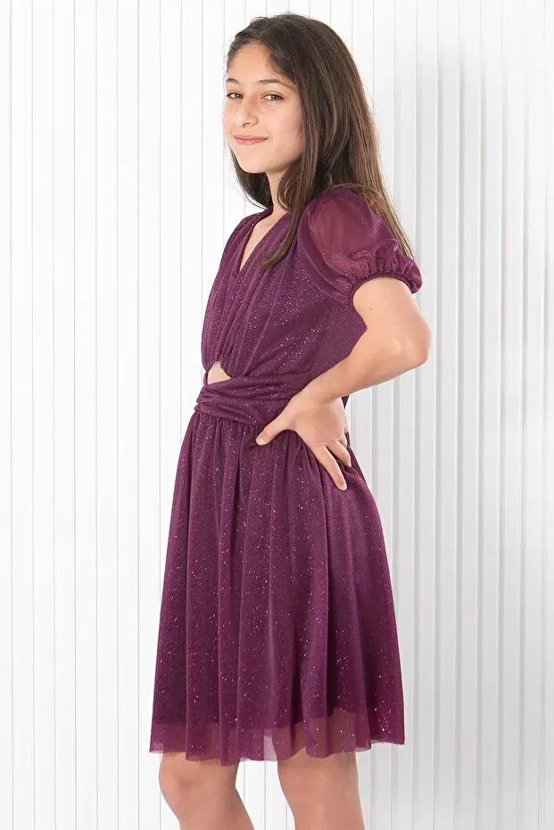 Детское платье для девочек с принтом Plum Colored Glitter Tulle Lined Balloon Sleeve Graduation Evening Dress Denimini, Murdum — фото 2