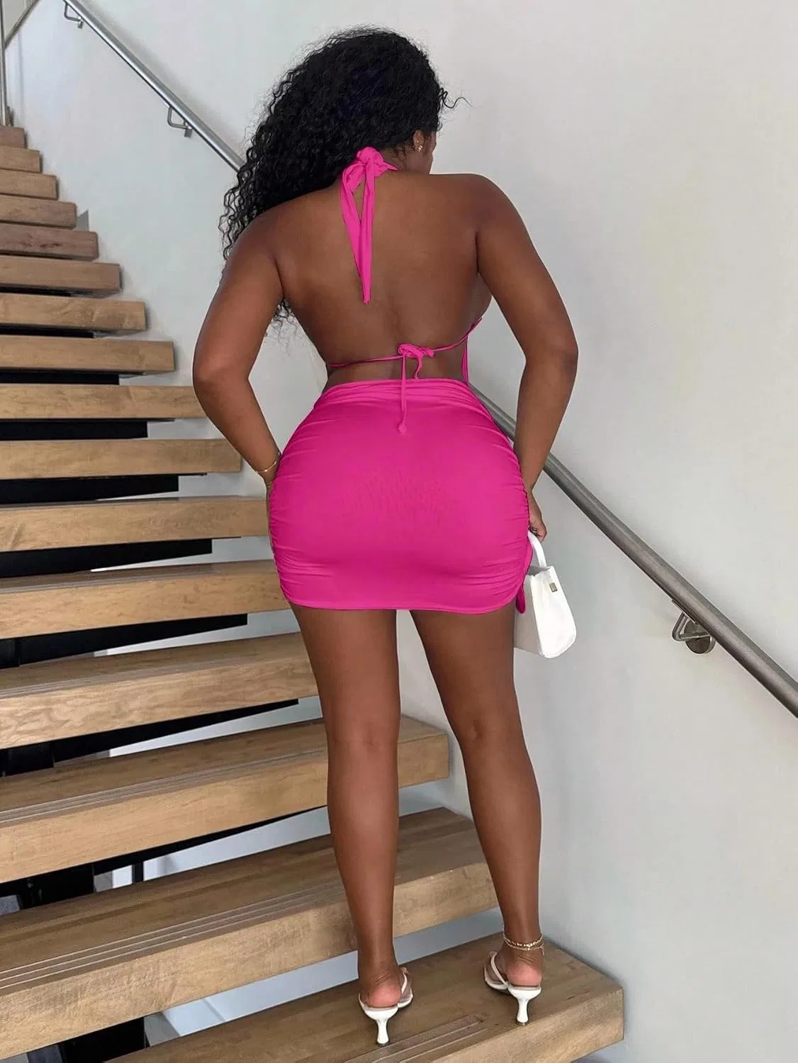 Женское облегающее платье-халтер с открытой спиной Bodycon, Hot Pink — фото 3