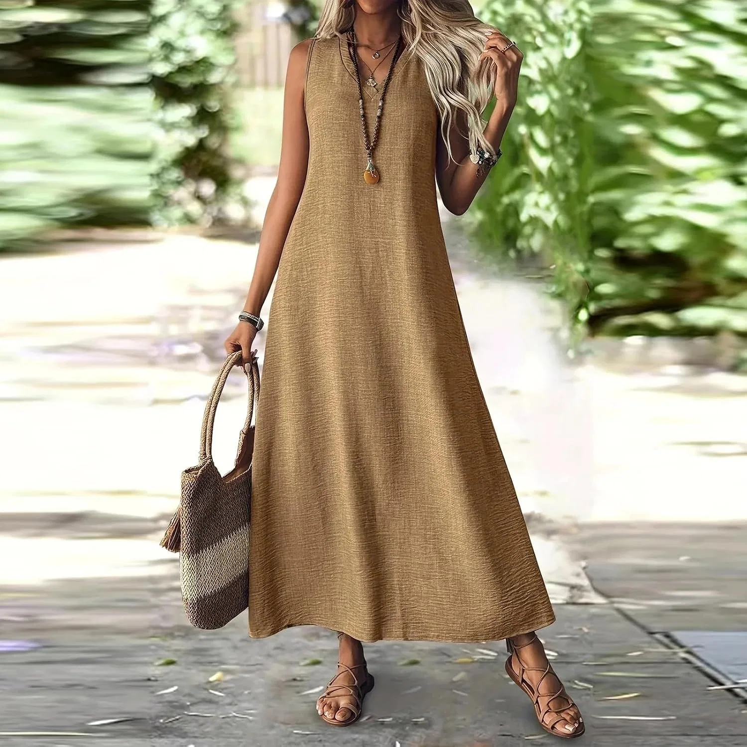 Женское льняное платье-макси с V-образным вырезом Generic, Light Brown — фото 2