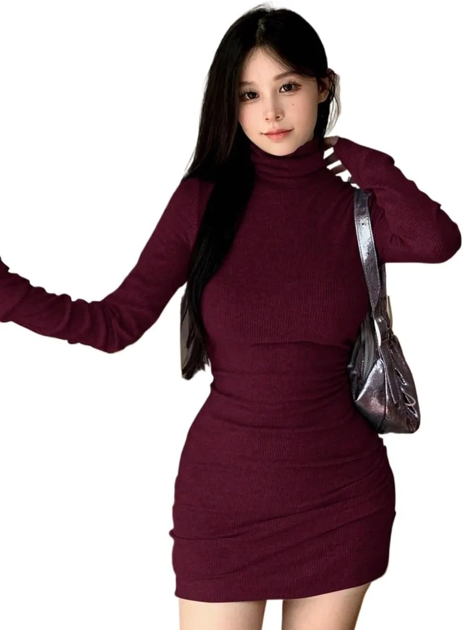 Женское облегающее платье с высоким воротом Bodycon, Burgundy