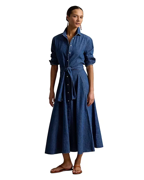 Женское платье-рубашка с завязками на талии Chambray Tie Waist Shirtdress Ralph Lauren, синий