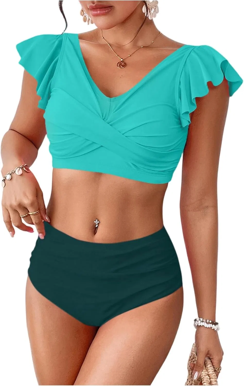 Женский купальный костюм с высокой талией, 2-piece, Cyan