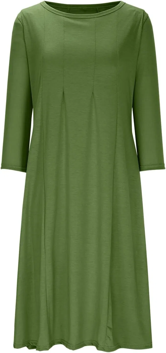 Женское платье миди А-силуэта с 3/4 рукавом, Solid Color Pleated Dress, Army Green — фото 2