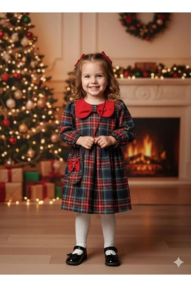 Детское платье для девочек с принтом в клетку комплект New year concept bag + children's dress plaid Baby Rose, Navy Blue