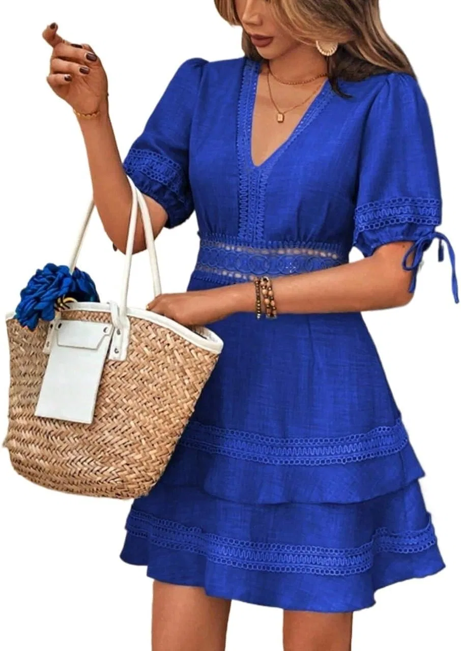 Женское повседневное платье A-силуэта с кружевом, Short Sleeve V Neck Dress, Royal Blue