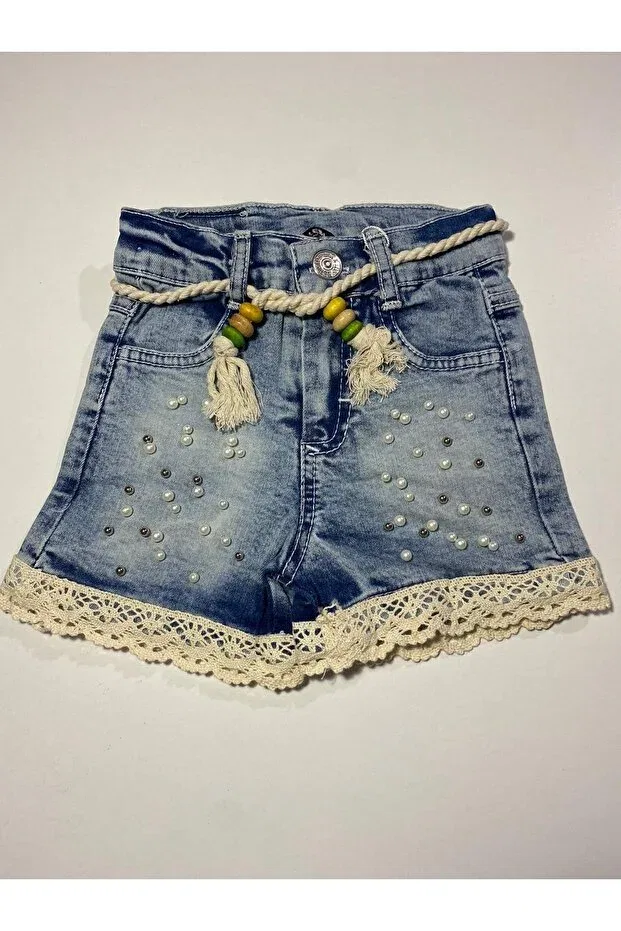 Детские шорты для девочек джинсовые с жемчужным поясом Liltop, Blue