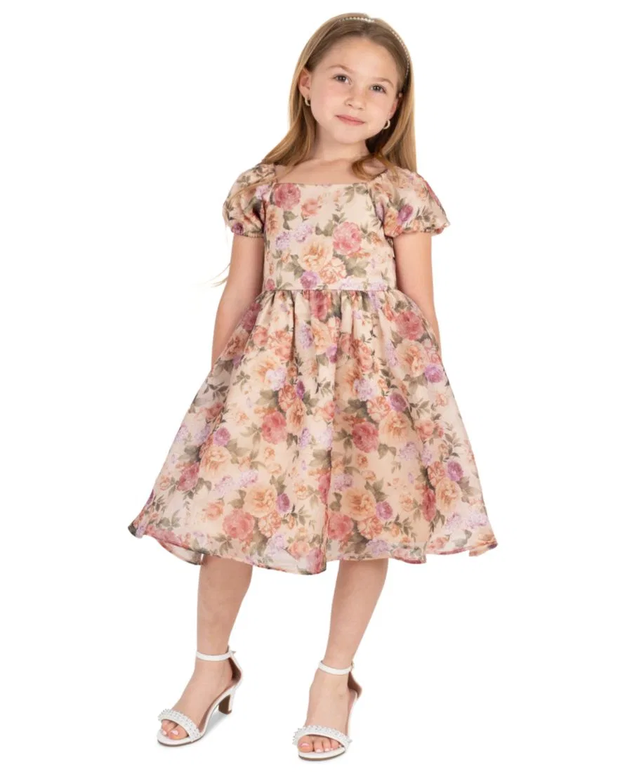 Платье с принтом из шиммерной органзы с пышными рукавами Floral Print Shimmer Organza Puff Sleeve Dress Rare Editions, Taupe