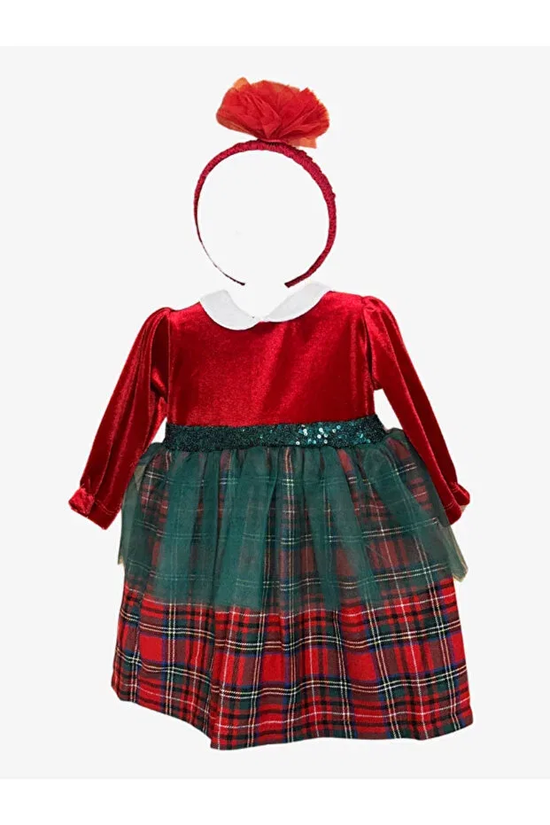 Детское платье для девочек с принтом Christmas detail baby-children's velvet plaided dress + crown Caramel, Red — фото 4