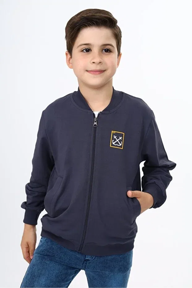 Детский кардиган для мальчиков с принтом Smoked boys' college collar zippered pocket embroidery printed knitted cardigan Toontoy, Smoke Grey