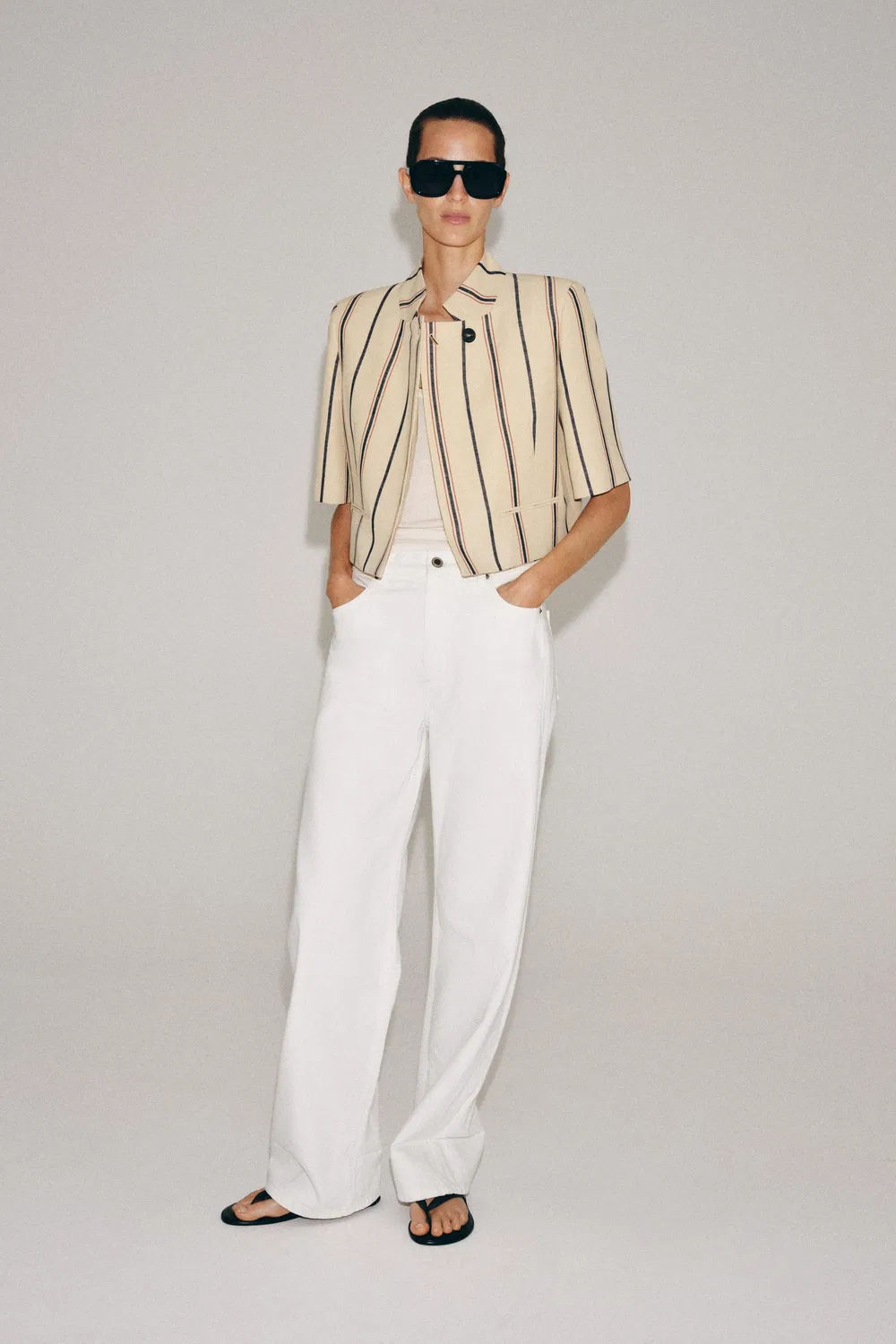 Укороченный полосатый блейзер из коллекции ZW ZARA, Beige