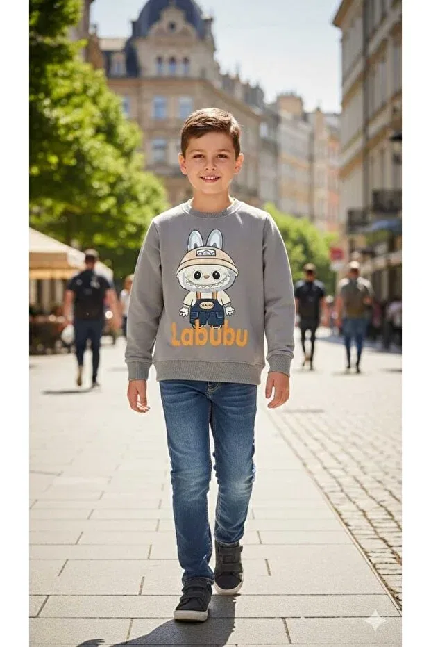 Детские свитшот для мальчиков с принтом Labubu Printed Stoper, Gray — фото 3