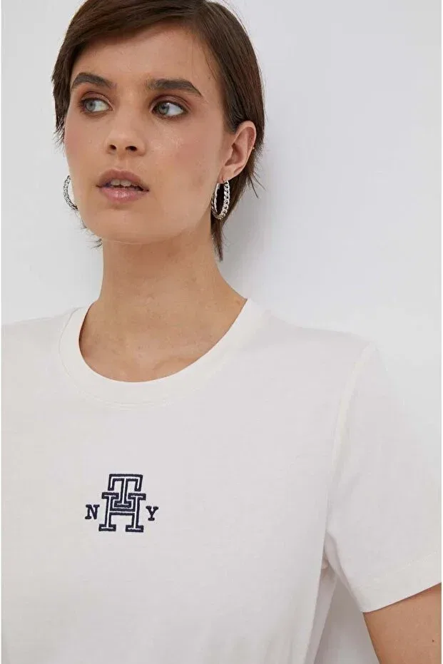Женская футболка с вышивкой Varsity logo t-shirt Tommy Hilfiger, Ecru — фото 2