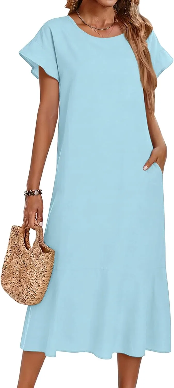 Женское летнее платье макси с V-образным вырезом Cotton Linen, Blue