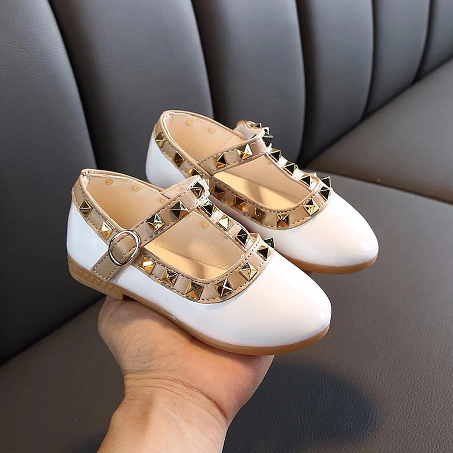 Детские туфли для девочек с блестками Mary Jane Flat Low Heel Princess Dress Shoes, White — фото 2