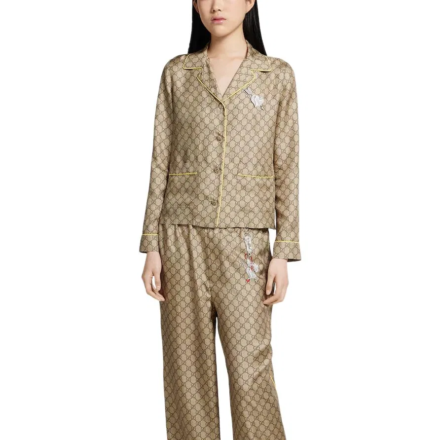 Женская рубашка из шелкового твила с принтом Beige Brown GUCCI — фото 4
