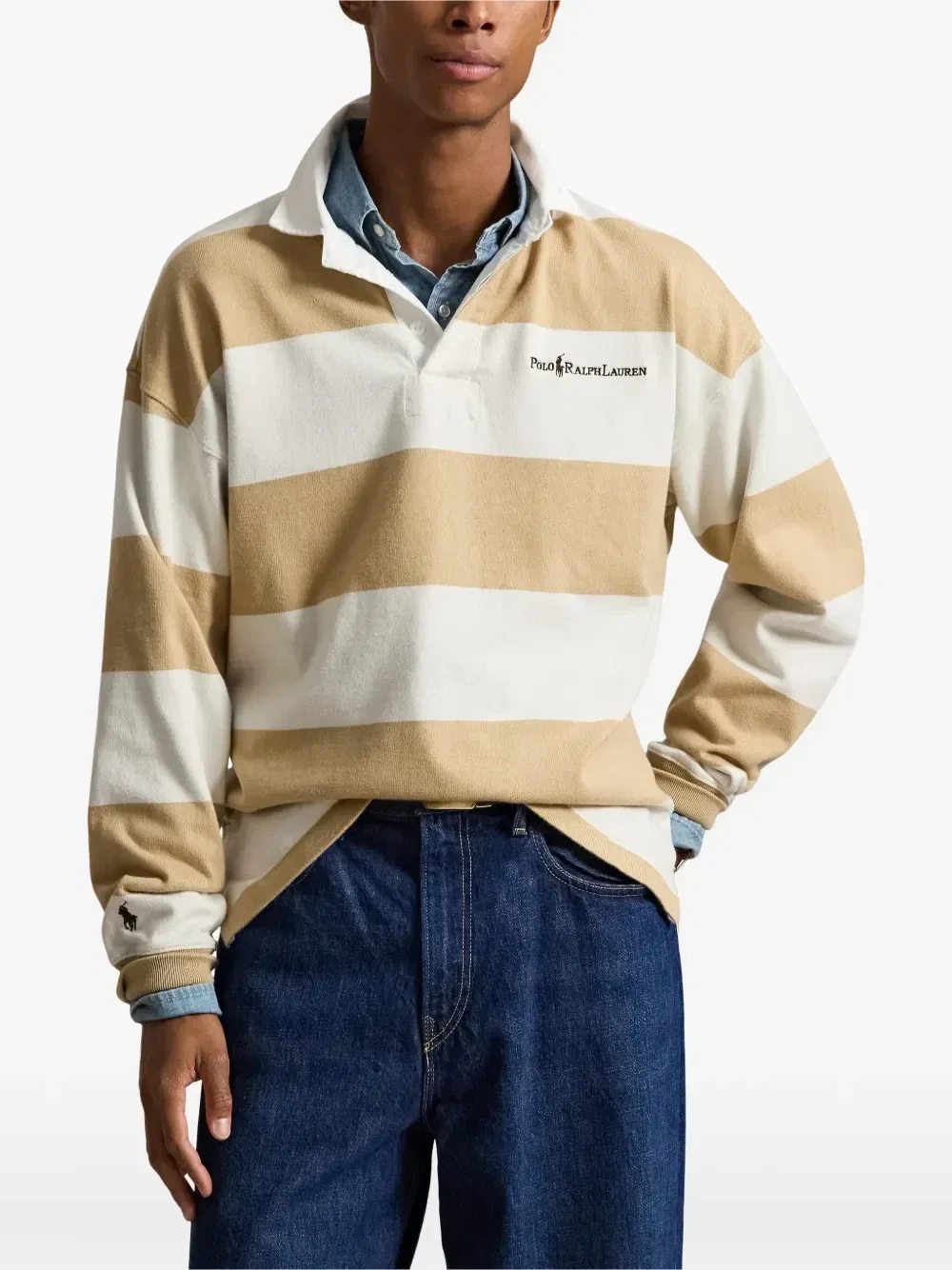 Поло Ralph Lauren регбийная рубашка из джерси в полоску свободного кроя POLO RALPH LAUREN, бежевый — фото 3