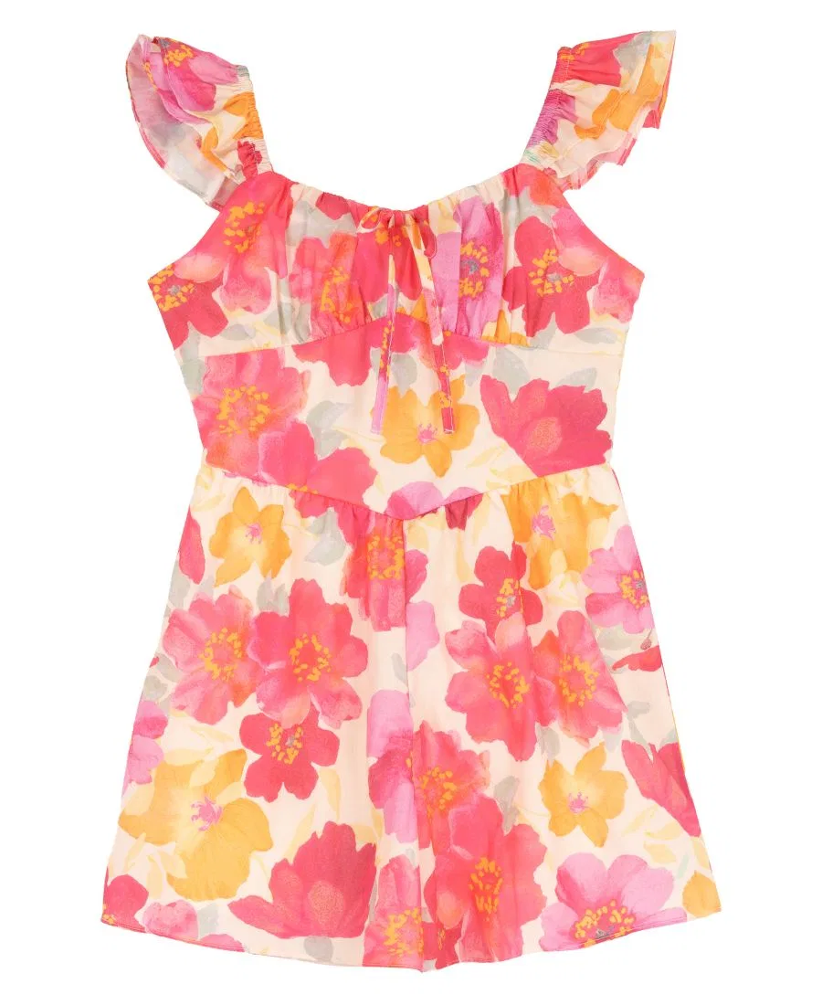 Платье с цветочным принтом, без рукавов, модель Printed Floral Ruched Bust Flutter Strap Tie Back Rare Editions, Orange